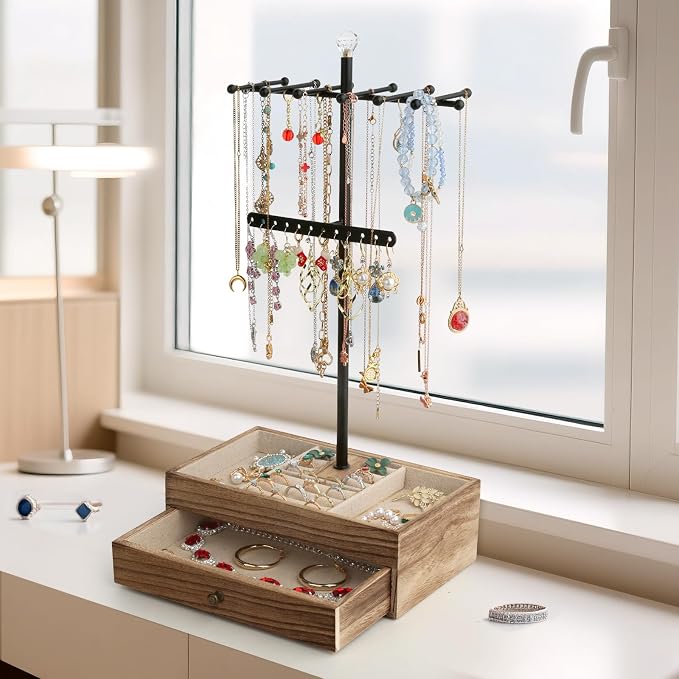 Meangood Jewelry Organizer Stand, 3-Tier Necklace Holder Jewelry Tree with Wooden Storage Drawer Box for Necklace Bracelet Earring Ring, Carbonized Black
