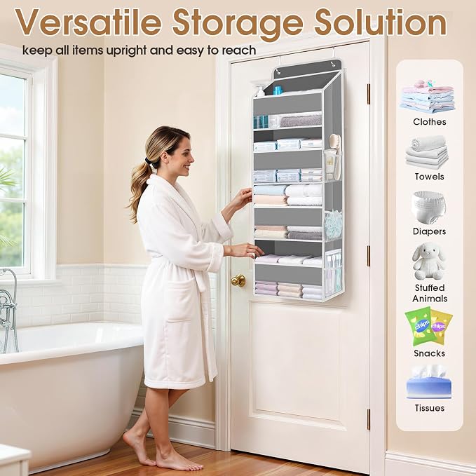 WISELIFE Over The Door Organizer Storage with 4 Large Pockets Door Hanging Organizer with Clear Windows behind The Door Storage for Nursery Bedroom Bathroom Pantry Closet and Baby Essentials Grey