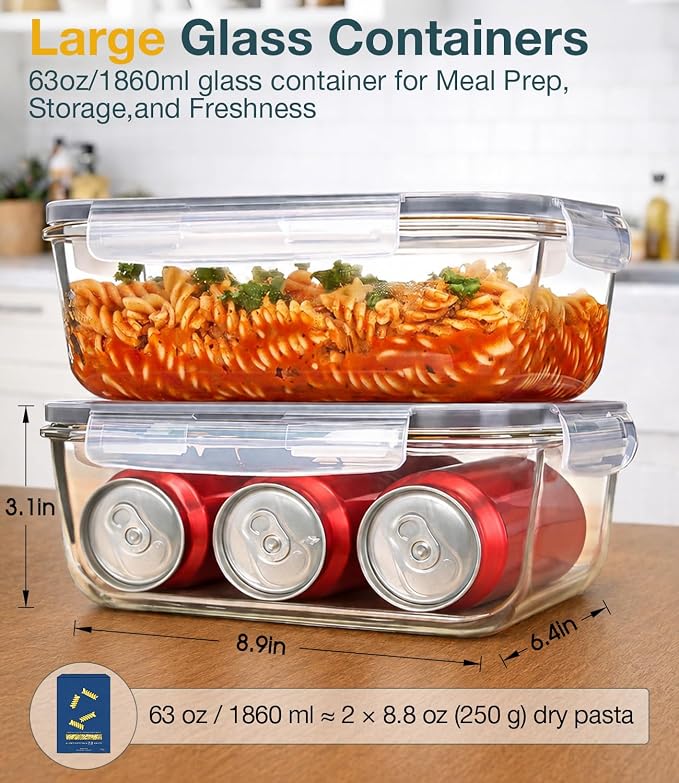 2 Pack 63oz Large Glass Food Storage Containers with Lids, Leak-Proof & Airtight Meal Prep Food Container Set for Family Meal, Leftovers, Baking, Microwave, Oven, Freezer & Dishwasher Safe