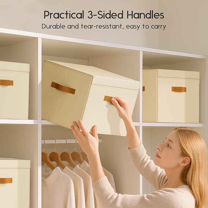Homsorout Large Storage Bins with Lids - Front Opening Fabric Storage Bins, Flap Closet Organizer with Handles, Collapsible Boxes with Lid, Decorative Basket for Home, Dorm, 6 Pack, Beige