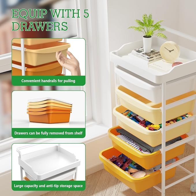 Five Drawer Rolling Cart, Craft Organizers and Storage for Home Office Classroom, Plastic Drawer Storage With Handle, Utility Cart With Removable Drawers for Tools, Toys and craft materials(Orange)