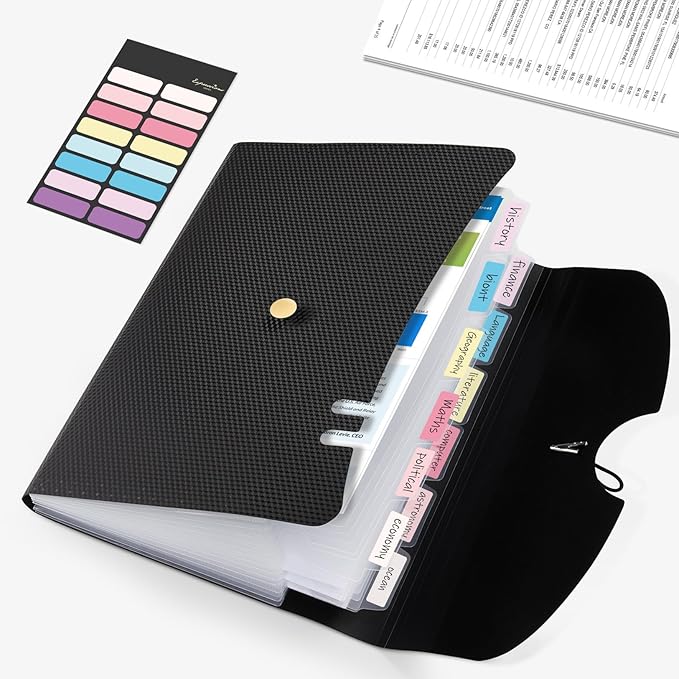Sooez Expanding File Folder, 13 Pocket Accordion File Organizer, Monthly Expandable File Folder for Documents with Labels, Portable Bill Receipt Organizer for School Office Supplies, Letter A4 Size