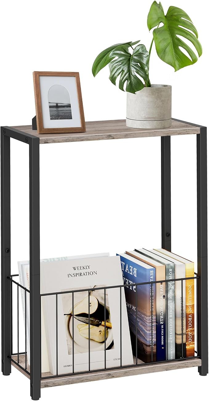 Homleke Narrow Side Table with Magazine Holder, Skinny End Table | Space-Saving Design, Small Spaces, Storage Shelf, Metal Frame, Easy Assembly, 7.1" D x 16.9" W x 23.6" H, Greige