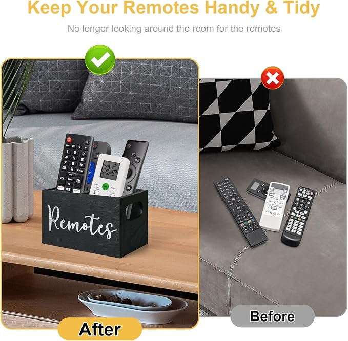 Remote Control Holder, Wooden TV Remote Holder for Table, Remote Caddy Organizer with 2 Compartments, Media Storage Box for Nightstand, Bedside (Black)