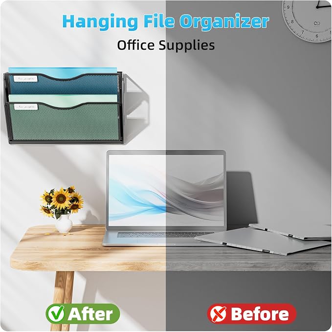 Marbrasse Wall File Holder 2-Tier Hanging Wall File Organizer, Mesh Mail Holder for Papers, Wall Mount File Clipboard & Magazine Organizer Great for Office Home - 2P