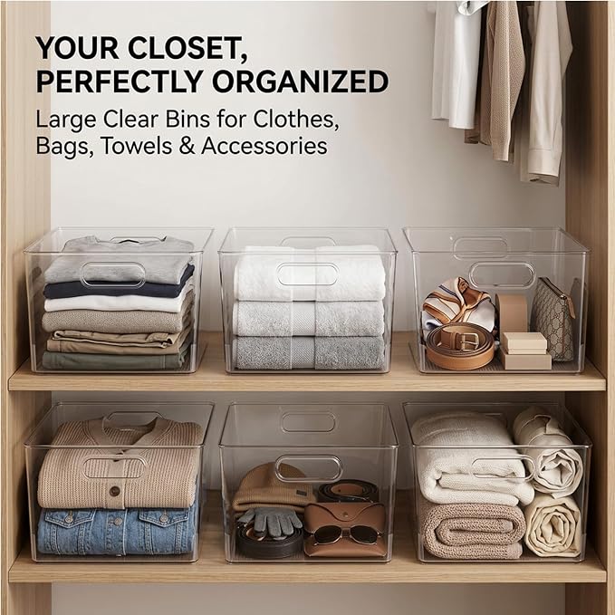 MOONEDGE 4-Pack 12x12x7 Extra Large Clear Plastic Storage Bins with Handles | Cube Acrylic Organizer Square Containers for Pantry,Closet,Kitchen,Bathroom,Laundry,Under-sink,All-In-One Organization