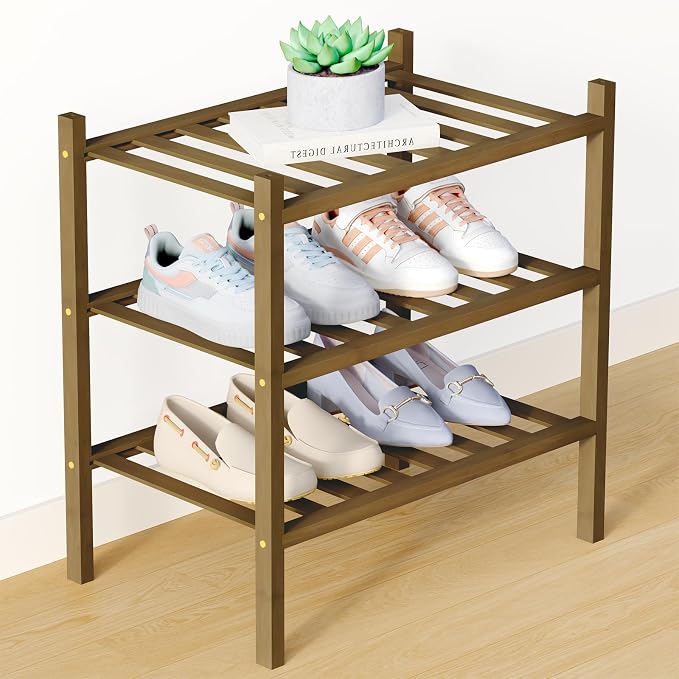 Smiry Bamboo Shoe Rack for Closet, 3 Tier Small Wooden Shoe Organizer, Stackable Wood Shoe Storage Shelf for Entryway, 14 Vertical Slats, One-piece Heavy-Duty Legs, 17.32"x11.02"x18.31", Walnut
