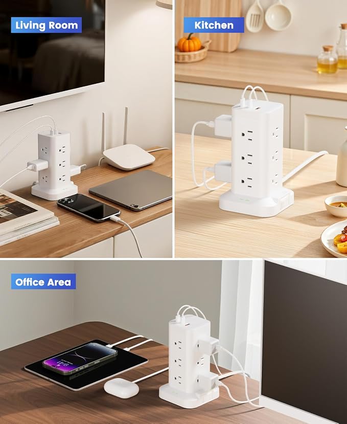 Power Strip Tower with Surge Protector 1800J, Fast Charging Tower PD20W USB-C Ports with 12 AC Outlets, Extension Cord for Home Office Dorm Room, 6ft, White