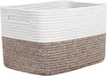 Storage Baskets for Organizing, 14 x 10 x 9” Closet Shelf Woven Baskets, Square Bins with Handles, Cotton Rope Basket for Clothes, Office, Room, White+Dark brown 1 Pack