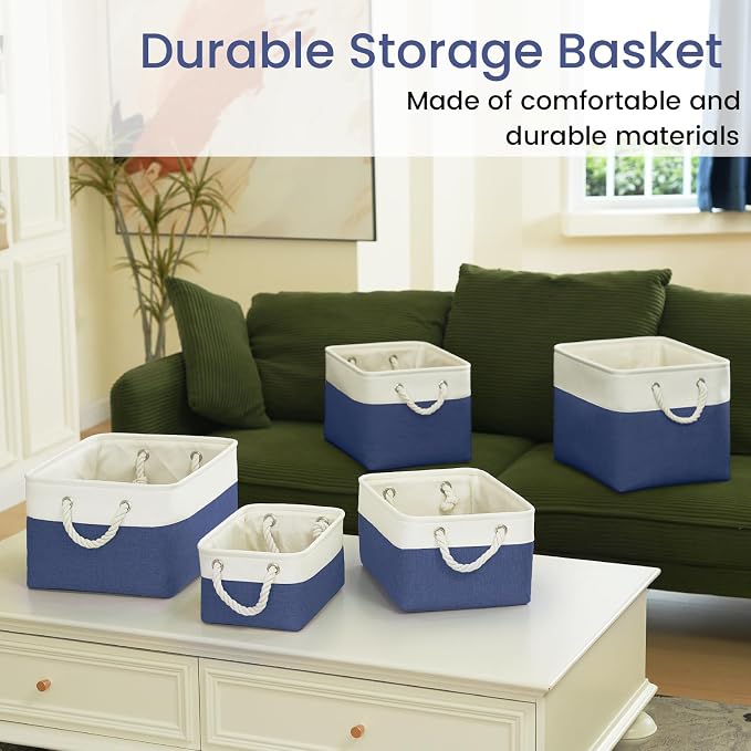 Large Storage Baskets- 15.7x11.8x8.26 inch Storage Bins for Shelves and Closet Organizing, Foldable Fabric Bin for Home Organization Clothes and Laundry (6-Pack, White&Blue)