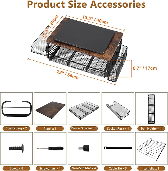 Desk Organizers and Accessories Monitor Riser, Monitor Stand with Drawer (2-Tier Drawers) with Large Side Storage Rack & Cable Management,66LBS/30KG, Office Organization, Walnut Brown