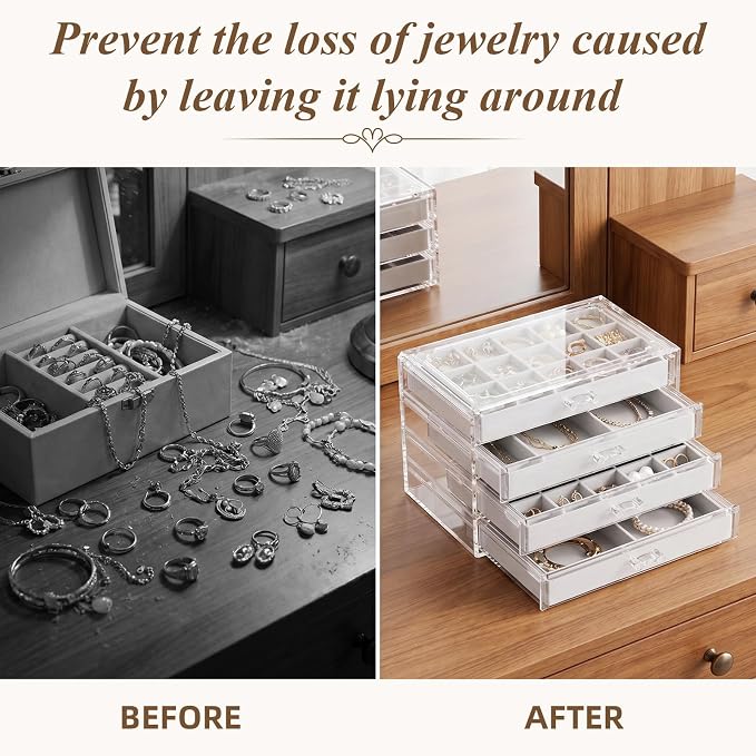 Clear Jewelry Organizer Earring Holder Organizer, Jewelry Box with 4 Drawers Clear Acrylic Stackable Earring Case with Adjustable Velvet Trays for Women and Girls, Grey