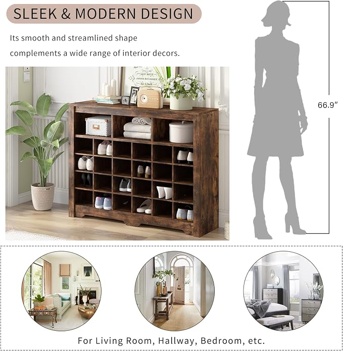 Flieks 24-Cube Organizer Shoe Storage Cabinet, Stylish Design Shoe Cabinet with Multiple Storage Capacity, Free Standing Cabinet with Curved Base for Entryway, Living Room, Hallway, Rustic Brown