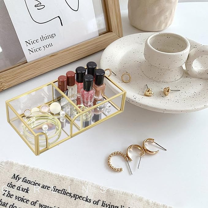 Glass Sticky Note Holder,2 Slots Gold Post It Note Dispenser for Desk,3 x 3 Inch Post It Note Holder, Stylish Sticky Note Dispenser for Home Office Desk Table Drawer