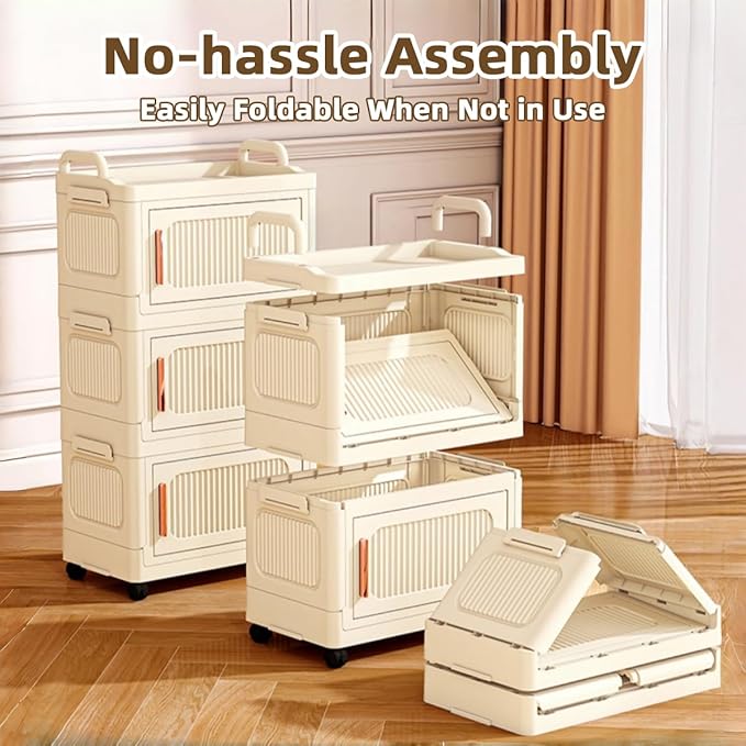 5-Tier Foldable Storage Cabinet with Wheels & Magnetic Doors, Heavy-Duty 23 QT Stackable Storage Bin Organizer, Rolling Cart for Kitchen, Pantry, Dorm