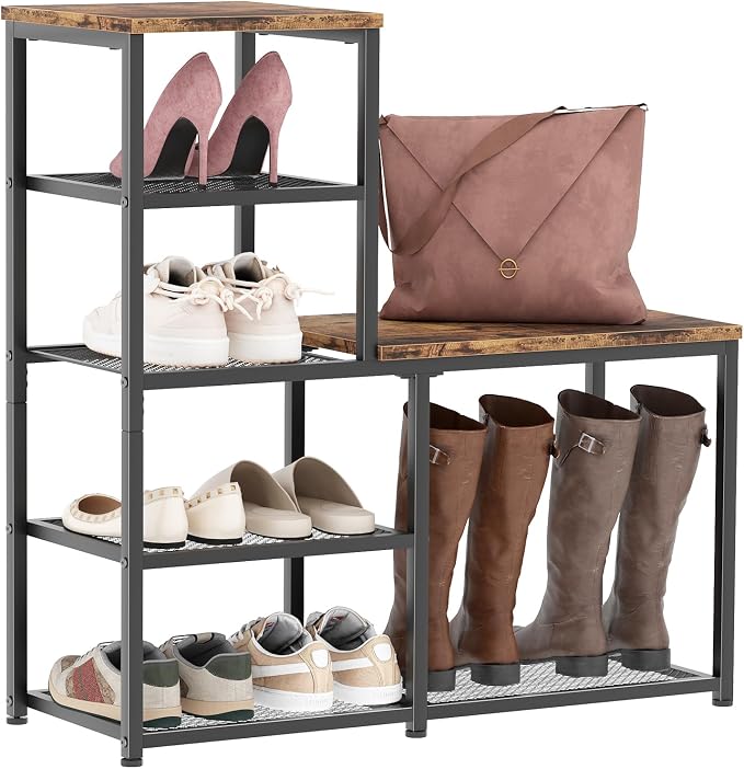 Shoe Rack Bench for Entryway,Free Standing Shoe Storage Organizer for Front Door Entrance,4-Tier Boot Rack Holder Shelf for Closet with Seat,Sturdy Shoe Shelves for High Heels(Brown)