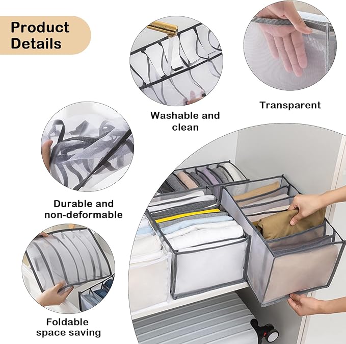 TIGARI Wardrobe Clothes Organizer, Drawer Organizer for Clothing, Closet Organizers and Storage, Drawer Dividers for Clothes, Mesh Separation Box for Thin Jeans, Trousers, T-shirts, Skirts
