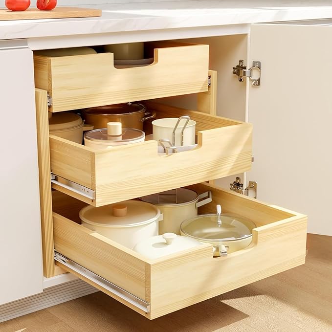 Pull Out Cabinet Organizer, 26''W×21''D Sliding Drawers for Cabinets, 3 Tier Soft Close Slide Out Wooden Pull out Drawers, Base Cabinet Organization for Kitchen, Pantry, Bathroom.