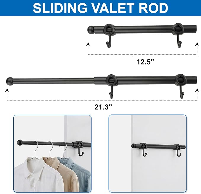 Valet Rod for Closet Pull Out with Hooks, Easy To Install (Black, 12 Inch)