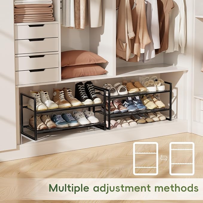 2 Tier Shoe Rack for Closet, 27 Inch Long Square Shoe Storage Organizer for Shelves, Heavy Duty Metal, Easy Assembly Stackable, Black