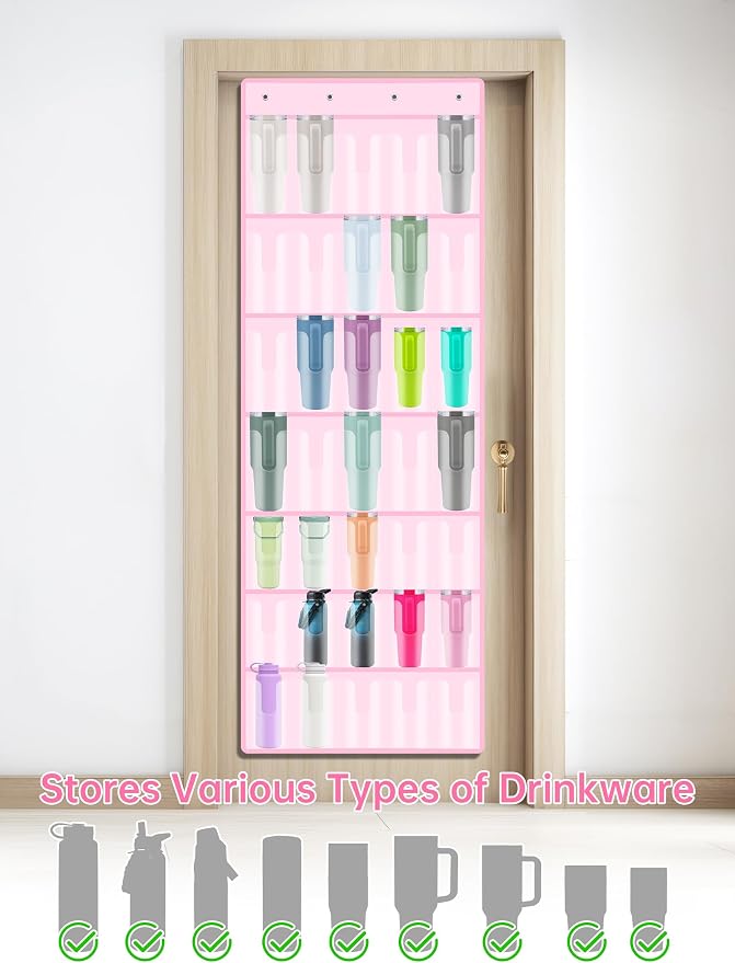 NiHome 35-Pocket Door Hanging Cup Organizer Fit for Stanley Tumbler 30 40oz | Large Capacity Over the Door Water Bottle Storage with Nano Tape, Waterproof Oxford Fabric, U-Shaped Handle Slots (Pink)