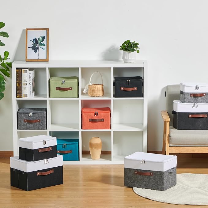 Storage Boxes with Zipper Lid Cotton Linen Fabric Lidded Storage Bins Baskets Foldable Washable Closet Shelf Clothes Organizer Container Faux Leather Handles (Gray White, Small)