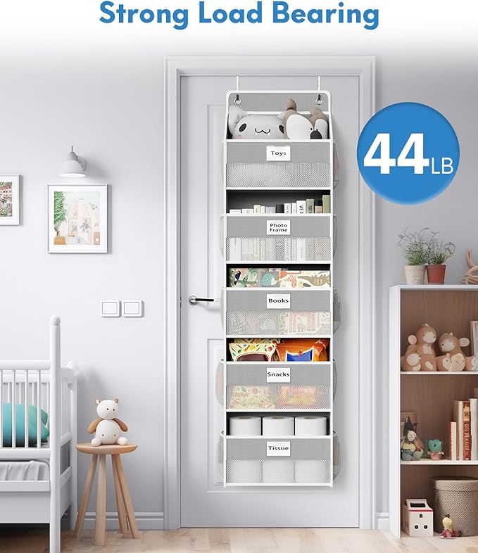 Optish Over The Door Organizer Hanging, 2 Pack 5 Shelf Behind The Doors Storage, Pantry Door Organizer, Closet Organizers for Bedroom and Nursery (Grey)
