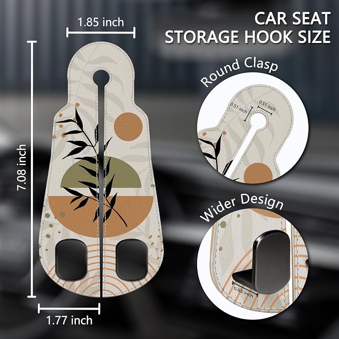 Blusabaca 2PCS Car Seat Headrest Hooks, Purses Bags Holder, Boho Leaves | PU Leather, Double Metal Back Storage Hangers for Grocery Bags Handbags Bottles Coats Phones, Car Accessories Organization