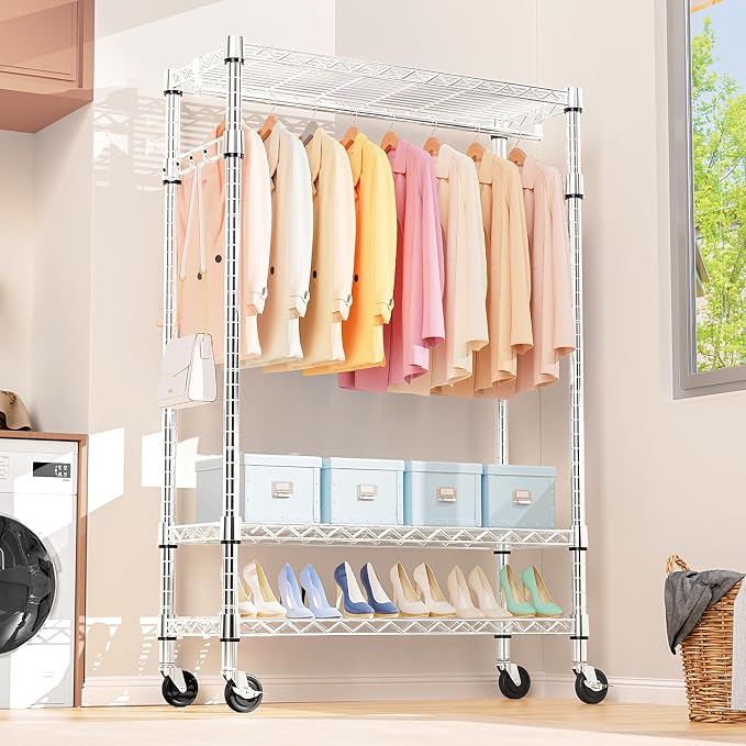 M MZG Heavy Duty Rolling Garment Rack 3 Tiers Adjustable Wire Shelving Clothes Rack with Rods and Side Hooks,Storage Closet Clothing Rack with Wheels Chrome 17.7" D x 47.2" W x 83.6" H