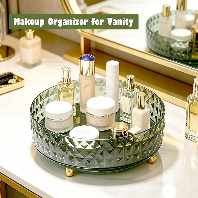 Makeup Perfume Organizer, 9 Inch /23cm 360 Degree Rotating Skincare Organizer, Cosmetics Organizer for Dresser Bathroom Bedroom Countertop Kitchen Pantry Cabinet Vanity Tray Refrigerator, Dark Green