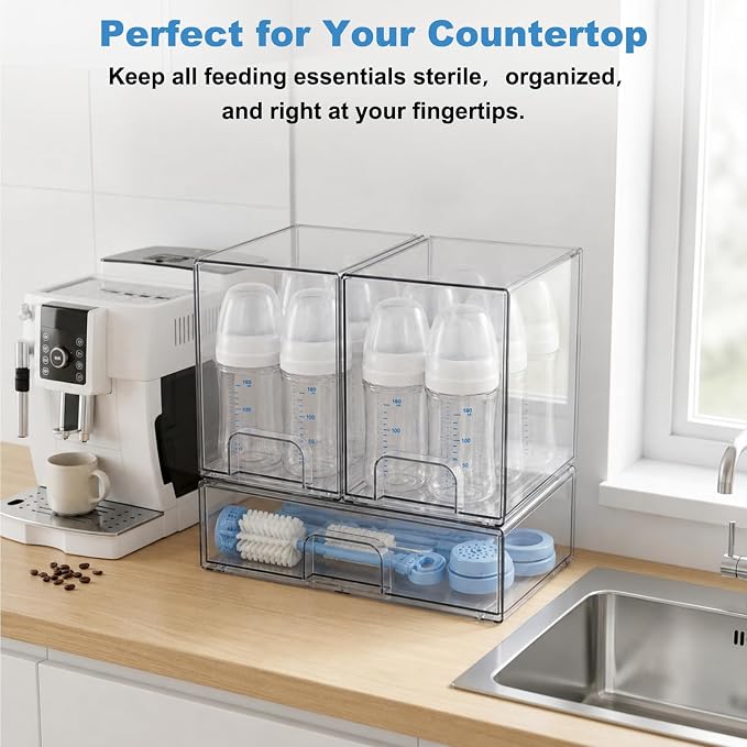 Clear Baby Bottle Organizer, 3-Piece Modular Stackable Acrylic Bins Set | BPA-Free Heavy-Duty Acrylic; Fits Breast Pump Parts, Nipples & Pacifiers; Space-Saving Nursery Cabinet & Drawer Organizer