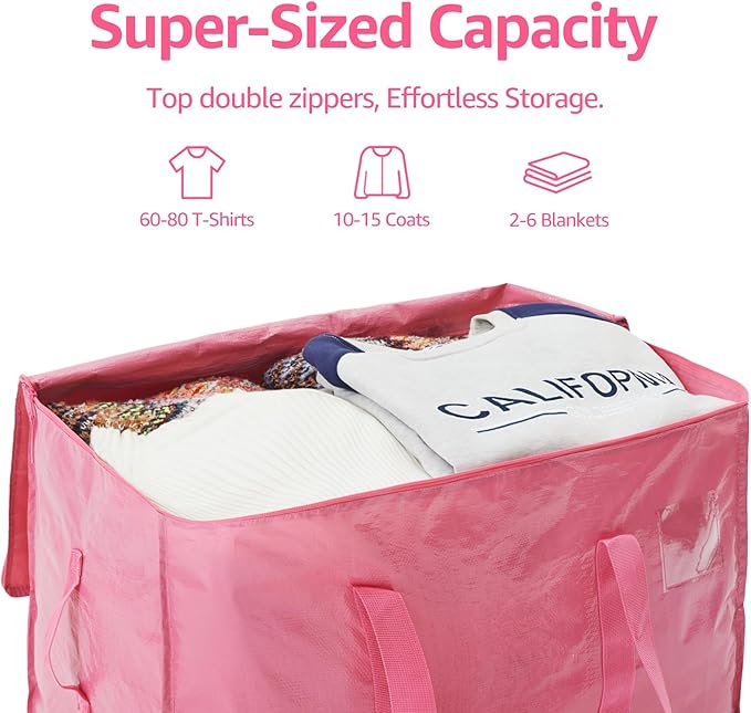 Moving Bags Heavy Duty Extra Large, Moving Boxes, Moving Supplies Essentials,Storage Bins with Lids, Plastic Packing Totes, Storage Bags for Clothes with Handles & Zippers(Pink, 8 Pack)