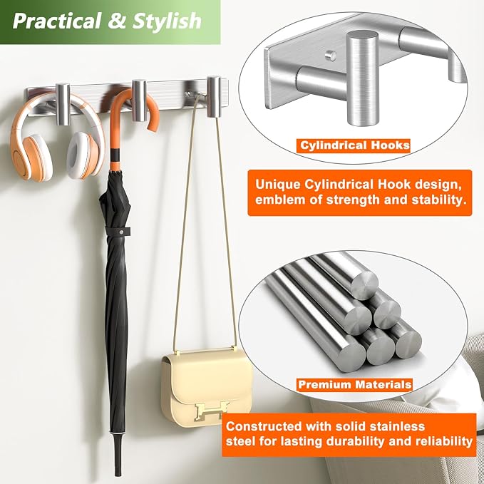 Wall Mounted Coat Rack-3 Hooks, Heavy Duty Stainless Steel Wall Hooks for Towel Coat Bag, Hat Rack Coat Hanger Coat Hooks Towel Racks for Bathroom Entryway Kitchen Office (Silver, 1 Pack)
