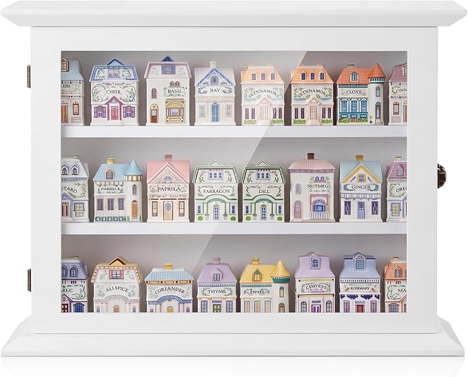 Chunful Vintage Spice Jar Wooden Rack White with Door Spice Shelf for 24 Jars, Village Style Wall Mounting Kitchen Storage Decorative Hanging Display Rack, Shelf Only(19.09 x 14.57 Inches)