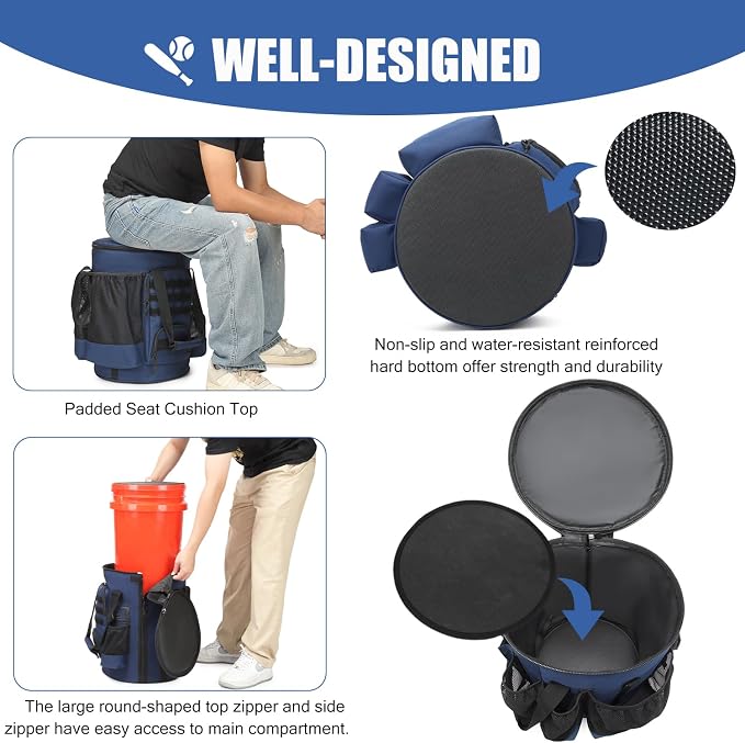 Baseball Bucket Bag 6 Gallon Multi Pockets Softball Coaching Equipment Bag | tactical Baseball Bucket Cover Organizer with padded Seat for Balls, Bat, Gloves, Scoreboards