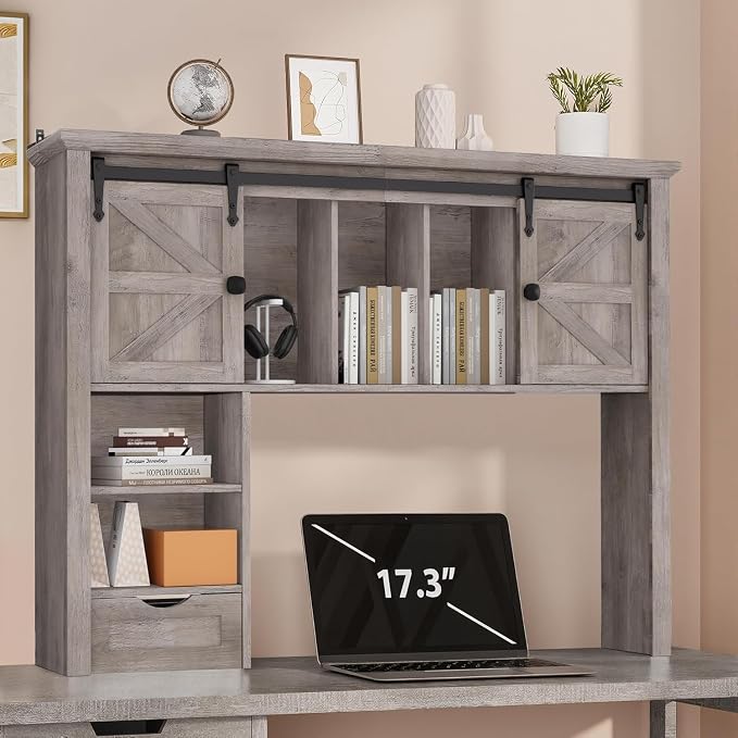 Large Desktop Bookshelf with Sliding Barn Door, 47.2''W Desk Shelf Display Rack, Desktop Organizer Storage Rack with 7 Cubbies and Drawer, Home, Desk Shelf for Office, Dorm, Vanity, Oak