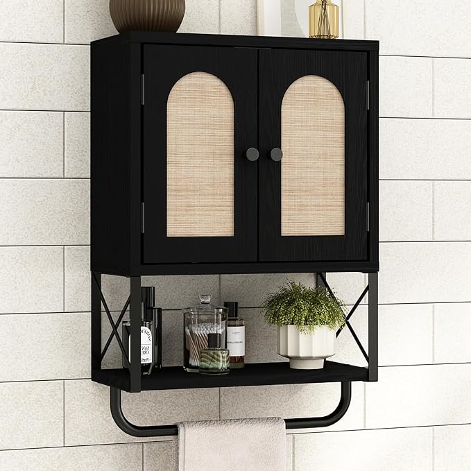 RUSTOWN Rattan Bathroom Wall Cabinet, Boho Over The Toilet Storage Cabinet | Arched Rattan Doors, Modern Medicine Cabinet, Adjustable Shelves, Towel Bar, Black