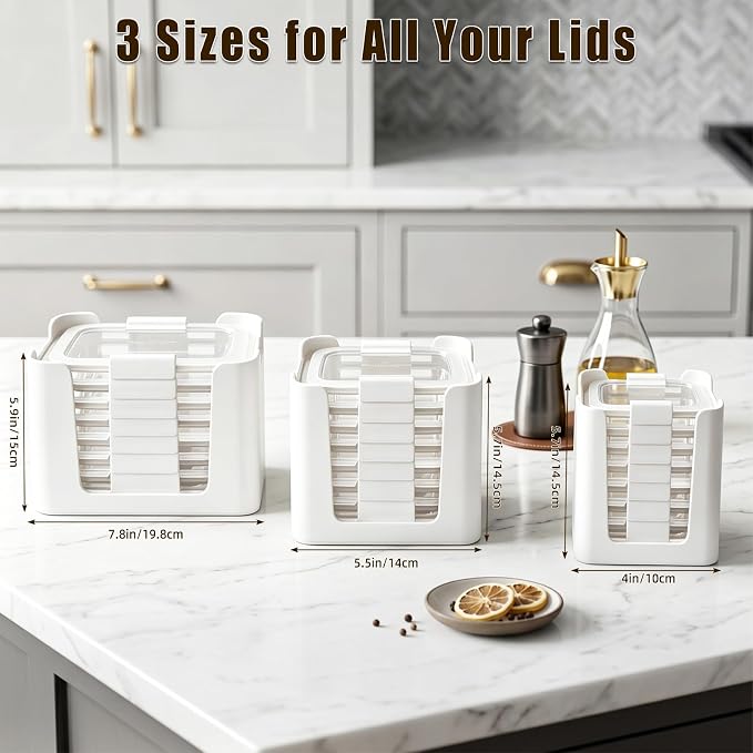Stackable Food Container Lid Organizer, for Rubbermaid Brilliance Snap-on Lids, 3-Piece Kitchen Cabinet Storage Holds 24 Lids,White
