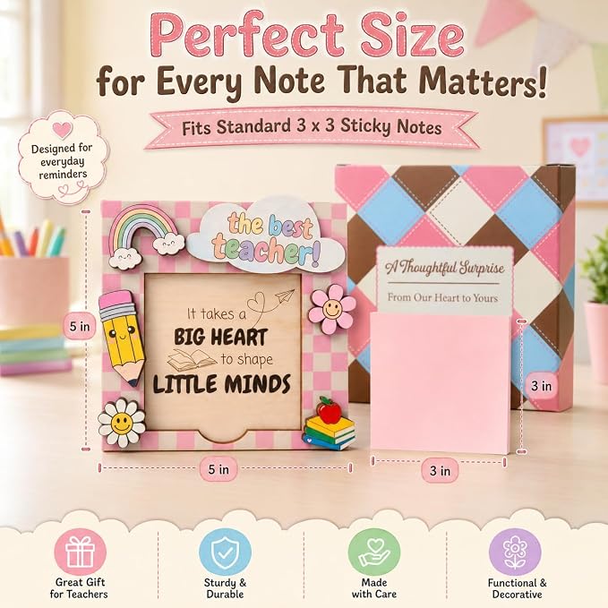 Sticky Note Holder for Desk, Teacher Sticky Note Holder, Teacher Desk Must Haves, 5 x 5 Wooden Organizer, Fits 3 x 3 Notes, Back to School Gift