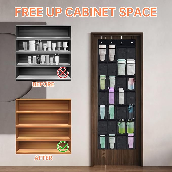 NiHome 28 Pockets Door Hanging Cup Organizer Fit for Stanley Tumbler, Black | Large Capacity Over the Door Water Bottle Organizer, Space-Saving Elastic Mesh Bottle Holder for Kitchen, Pantry, Classroom