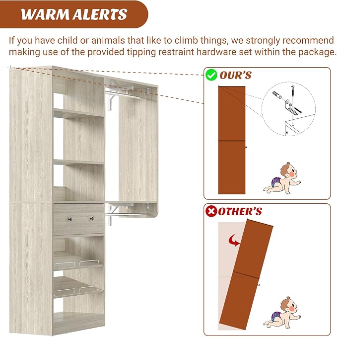Closet System with Drawer - Reversible 5FT Wood Closet Organizer System with 2 Hanging Rods and Adjustable Shelf, Walk In Closet Organizers with Shoe Rack, Built-In Garment Rack, White Oak