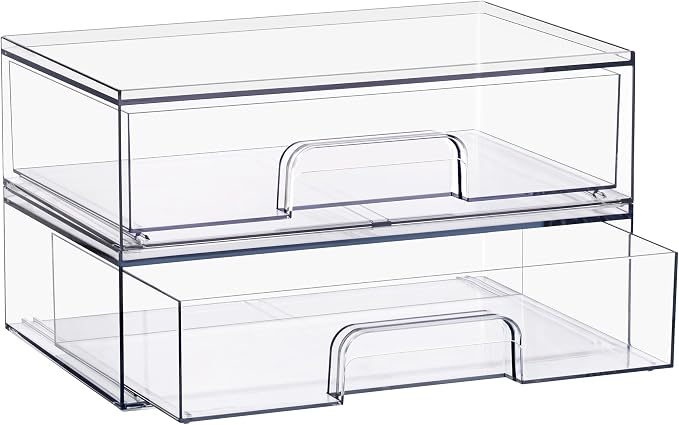 Sorbus Wide Stackable Acrylic Storage Drawers, 2 Pack Clear Plastic Organizer Bins for Baby Bottles, Makeup, Bathroom, Vanity & Countertop Organization, Pull-Out Drawer Design for Cabinets & Pantry