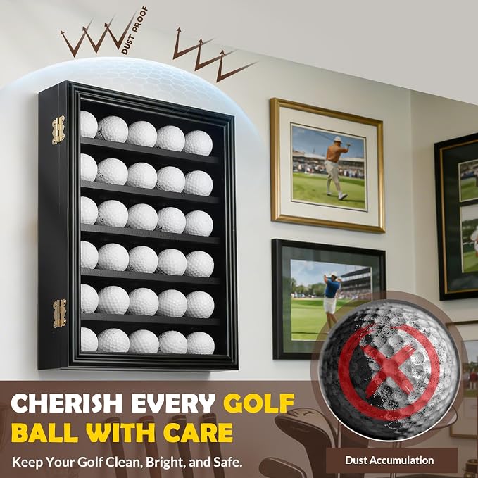 JupDec Golf Ball Display Case Frame for 30 Balls, Dustproof Solid Wood Holder Box with Unobstructed Clear View, Velvet Lined Cabinet with Removable Shelves, Ideal Gift for Golf Fans