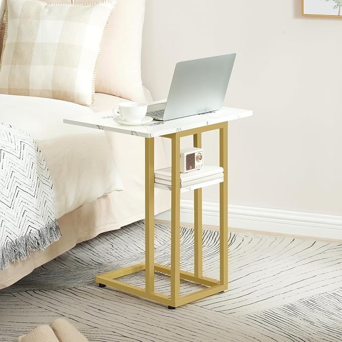 HOOBRO Foldable C Shaped End Table, C Shaped Side Table with Storage Shelf, Small Snack Table, Slide Under Couch Table for Sofa, Living Room Bedroom Small Spaces Easy Assembly, Gold DM29SF01