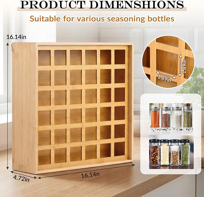 Novabright 36 Grids Bamboo Spice Rack Organizer, Wooden Spice Rack Wall Mount with Square Compartments, Wood Hanging Shelf for 4 oz Glass Jar Drawer Cabinet Kitchen Countertop Wall, Jars Not Included