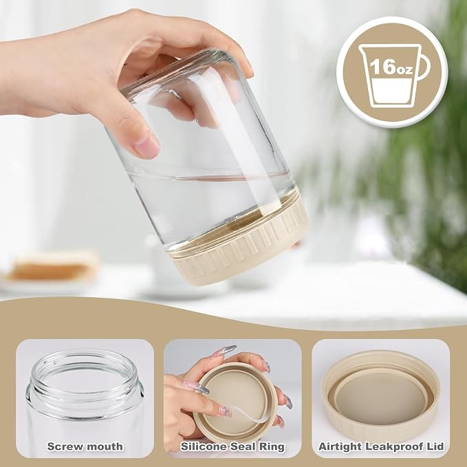 SHOWIN Overnight Oats Containers with Lids, 16oz Glass Jars with Lids 4 pcs, Apricot, Wide Mouth Mason jars for Salad, Yogurt, Snacks, Meal Prep