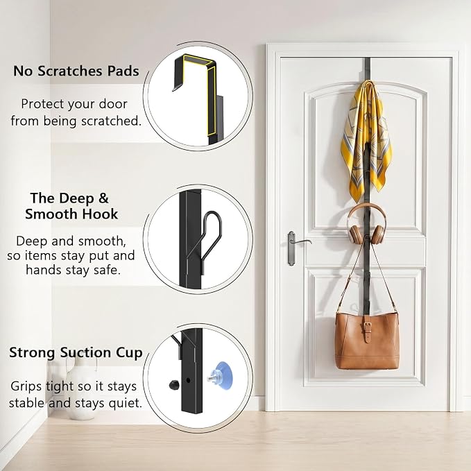 TOMIR Over The Door Hooks with 8 Hooks, Metal Long Hooks for Hanging, Behind Door Towel Rack, Purse, Coat Hanger, Non-Slip Pads with Suction Cups, Space-Saving Vertical Organizer, 37.2 Inches Black