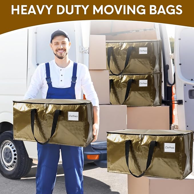 6-Pack Extra-Large Heavy-Duty Moving bags with Reinforced Handles, Durable Zippers & Waterproof Material — Perfect for Space-Saving, Moving, Shipping and Travel (Smoked Gold)