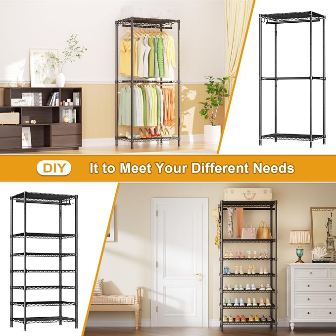 Ulif E13C Heavy Duty Closet Organizer System，Freestanding Clothing Racks for Hanging Clothes，Adjustable Garment Rack 63" W x 16" D x 77" H Hold 960 lbs，Black Clothing Rack with Grey Dustproof Cover
