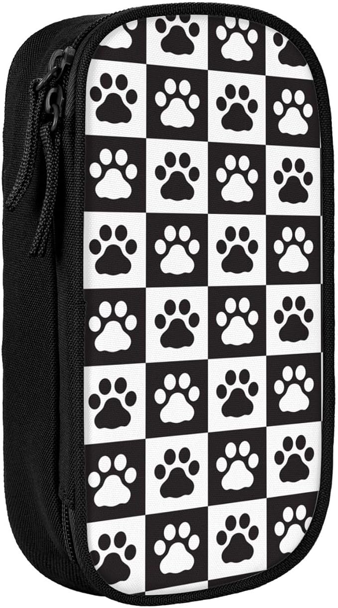 Perinsto Black And White Checkered Dog Paws Pencil Case Big Capacity Multi Compartment Stationery Box Pencil Pouch Holder Desk Organizer For School Office Home